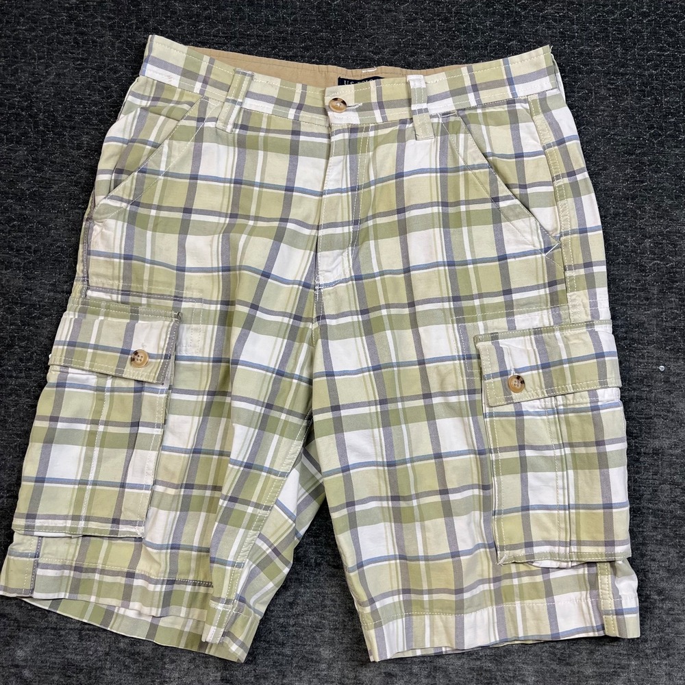 US Polo Assn Shorts Men's Green White Plaid Cargo Pockets Mid Rise Casual - 32